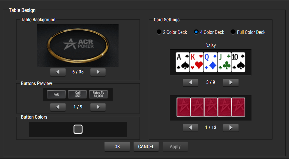 ACR table design settings